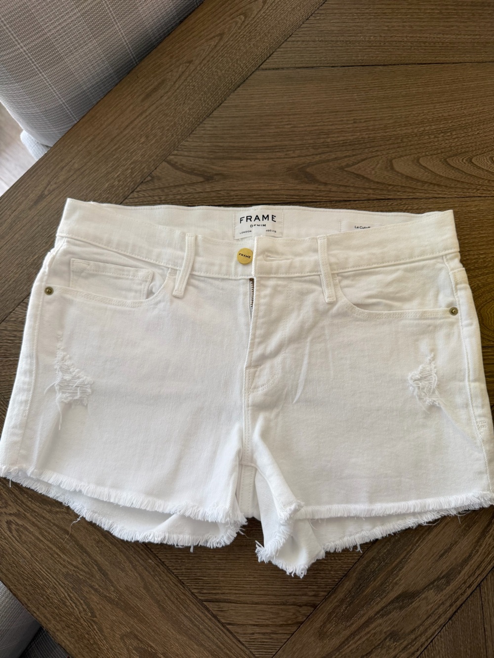Frame Denim White Frayed Hem Denim Shorts